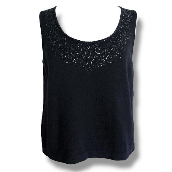 St John Womens Shell Top Sz Medium Black Santana Knit Crystal Neckline Luxury - Picture 1 of 7